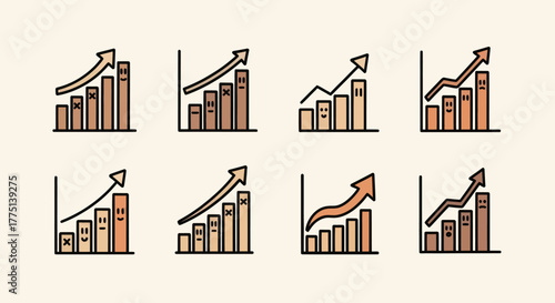 Eight cartoon bar graphs with upward arrows, various face expressions, set against a cream background