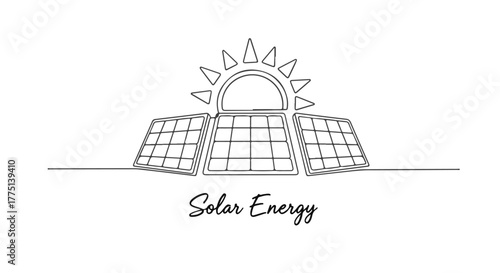 One line continuous drawing of solar panels and sun symbolizing renewable energy and sustainability, clean power generation