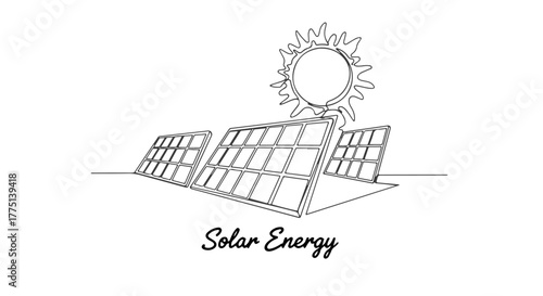 Continuous one line drawing of solar panels and sun, a minimalist illustration for a sustainable green energy concept f.eps