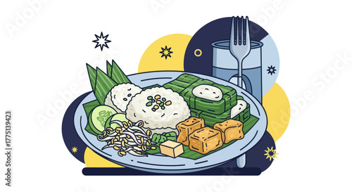 A vector illustration depicts an Indonesian dish with rice, tofu, sprouts, and rice cakes on a plate