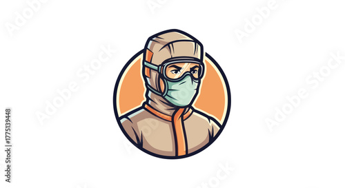 A stylized illustration of a person in protective gear, within an orange circle