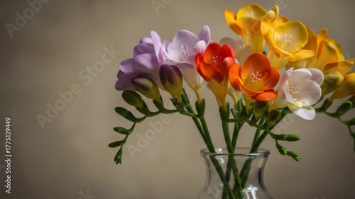 Wallpaper Mural A vibrant bouquet of colorful freesia flowers in a glass vase on a plain background Torontodigital.ca