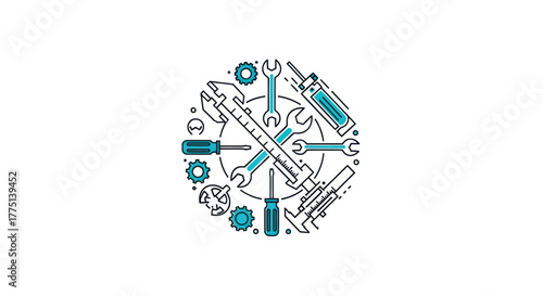 A vector illustration featuring a circular arrangement of tools against a white backdrop