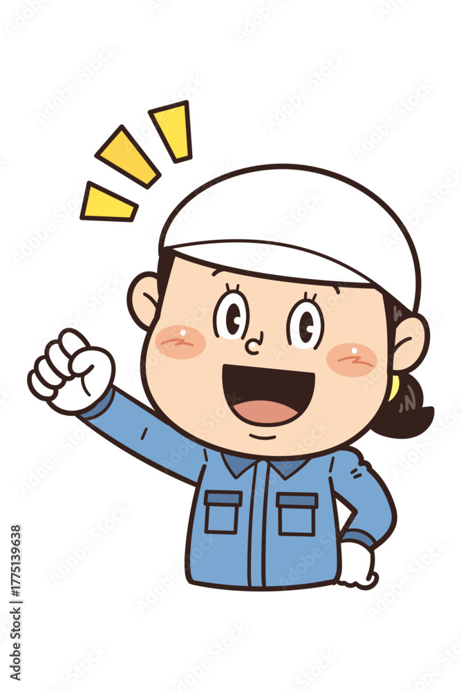 Obraz premium 工場や現場で働く女性作業員が拳を握ってやる気を出しているイラスト｜不安全行動・不安全状態・労働災害
