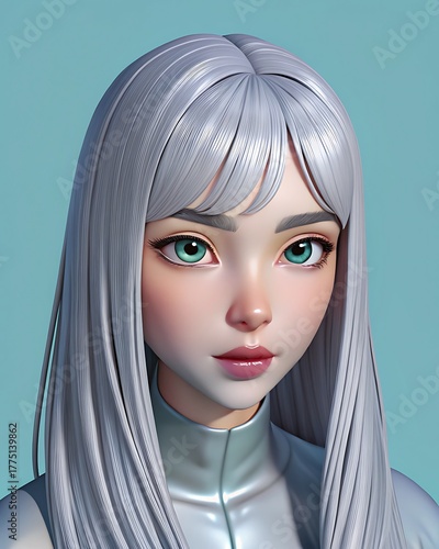 Stylized portrait of girl with long silver hair
