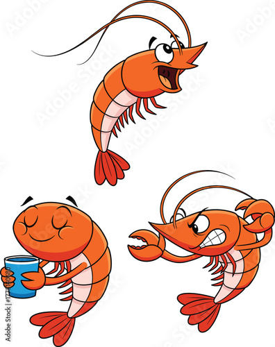 Cartoon shrimp characters vector illustration, funny seafood mascot design, expressive prawn drawing, cute crustacean artwork, anthropomorphic shrimp emotions, cad drawing flat vector illustration