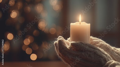Hands in gloves holding glowing candle symbolizing hope and peace on Christmas Eve night