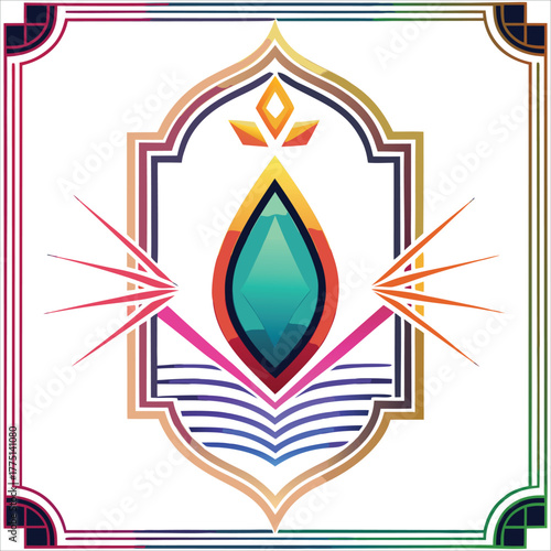 Abstract geometric emblem with jewel and radiant rays