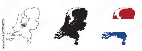 Set of Netherlands map designs — outline, black silhouette, and national flag version isolated on white background