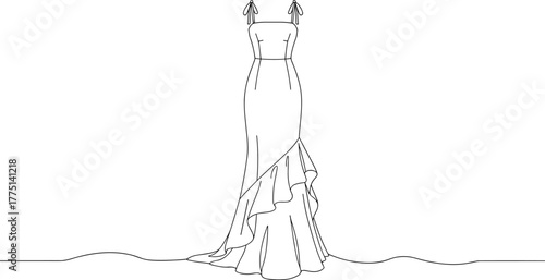 Flat fashion sketch of elegant long dress with shoulder tie straps and ruffle hem, vector technical drawing for evening wear template