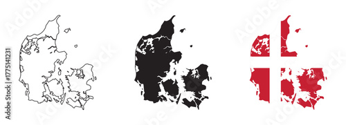 set of Denmark map designs — country outline, black silhouette, and national flag version with red background and white Nordic cross, isolated on white background for geography, travel, education