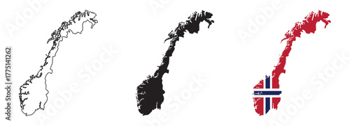 set of Norway map designs country outline, black silhouette, and national flag version with red background, blue cross, and white borders, isolated on white background for geography, education, travel