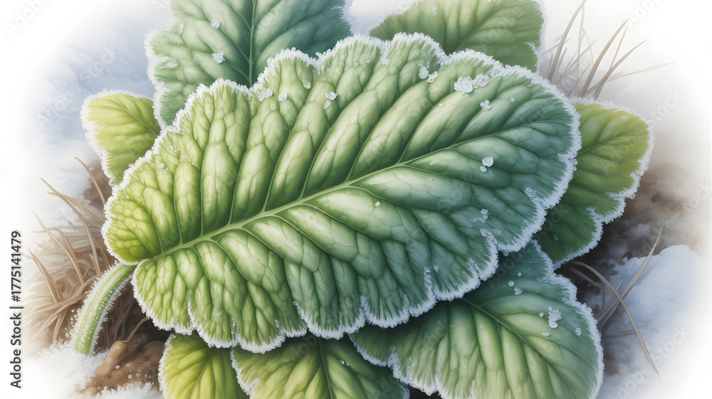 Obraz premium Frosty green leaves in winter close-up view nature background for seasonal designs and botanical illustrations