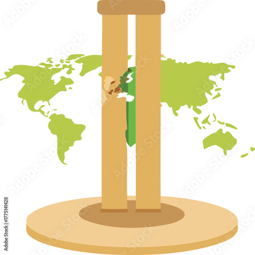 World map behind security checkpoint with green pencil