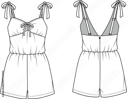 Flat technical vector sketch of women’s tie strap romper with sweetheart neckline, elastic waist, back closure, and gathered front design