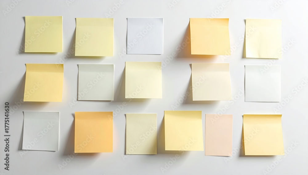 Fototapeta premium Fifteen colorful sticky notes attached to a clean white wall creating a visually appealing and organized display of information and reminders for planning and memory keeping