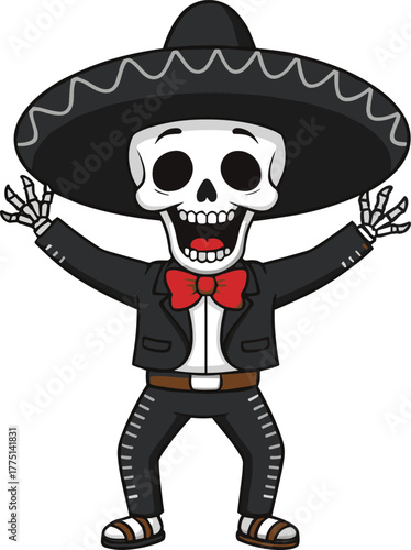 Cartoon skeleton character, Mexican traditional costume, Day of the Dead celebration, festive cultural art, playful design, cad drawing flat vector illustration