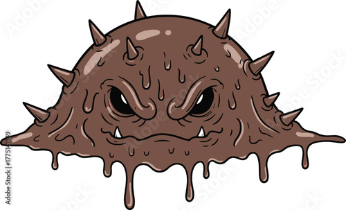Cartoon slime monster, gooey blob creature, dripping spiky villain, angry fantasy beast, scary cartoon character, cad drawing flat vector illustration