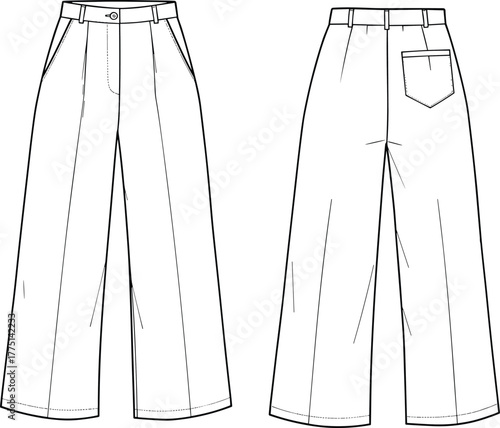 Flat fashion sketch of wide leg tailored pants with waistband, front slant pockets, back patch pocket, technical vector, CAD drawing