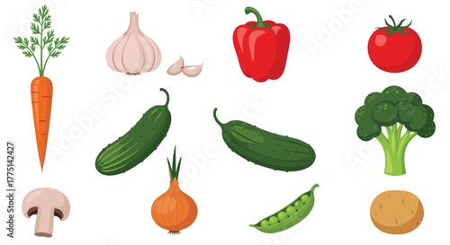 A colorful assortment of fresh vegetables arranged on a white background.