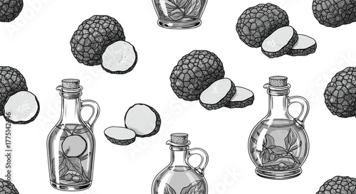 Hand-drawn monochrome seamless pattern with truffles, sliced truffles, and bottles of truffle oil.