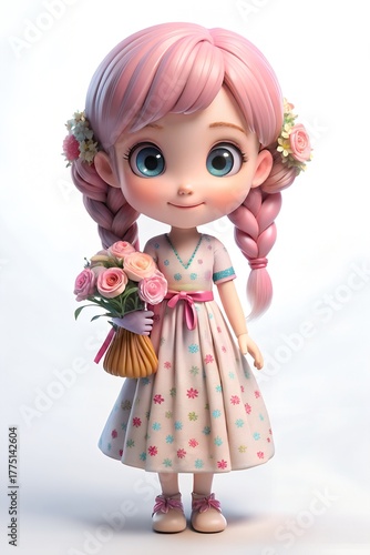 Kind Young Girl with Pink Braid Holding Flowers – 3D Character Render Transparent PNG 8K
