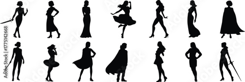 Elegant Female Silhouette Collection: Diverse Women in Various Poses, Fashion Models, Dancers, Fantasy Characters with Swords, Dynamic Figures, Stylish Gestures, Beauty