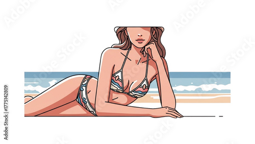 Woman Lounging on the Beach in Bikini Illustration