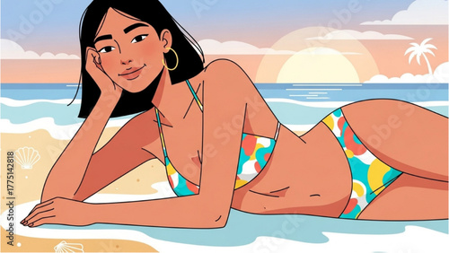 Young woman in bikini relaxing on the beach during a sunny day at the ocean