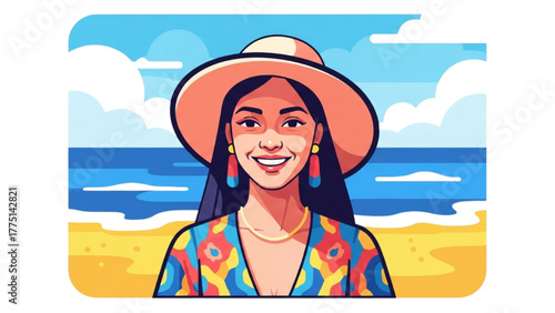 Happy young woman in a sun hat enjoying a beautiful summer day at the beach. Vector illustration concept