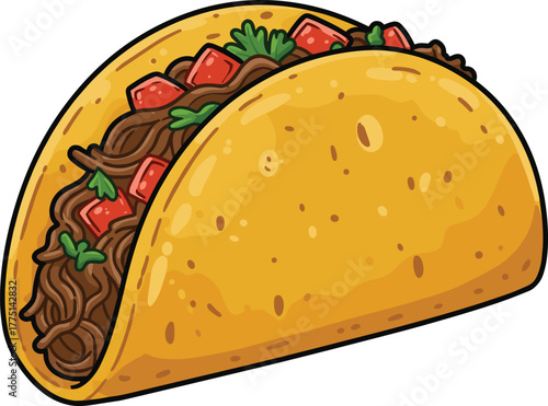 Cartoon taco food illustration, Mexican fast food design, delicious beef taco drawing, colorful snack artwork, tasty meal concept, cad drawing flat vector illustration