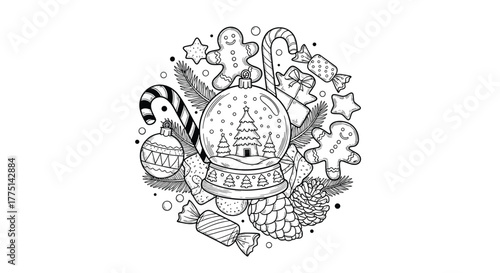 Whimsical black and white illustration of a Christmas snow globe surrounded by festive treats and pine branches.