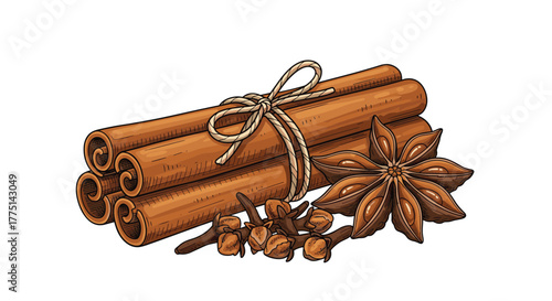 An illustration of cinnamon sticks, star anise, and cloves, perfect for culinary and festive themes.