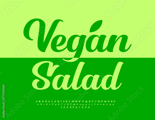 Vector Eco label Vegan Salad. Green Handwritten Font. Beautiful Cursive Alphabet Letters and Numbers set.