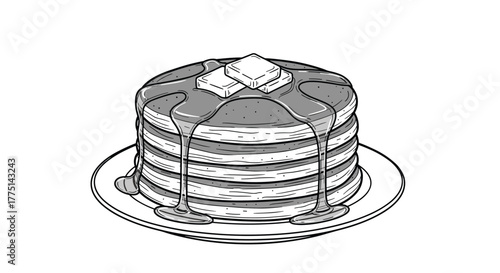 Stack of pancakes with syrup and butter on a plate, black and white illustration, breakfast food concept.