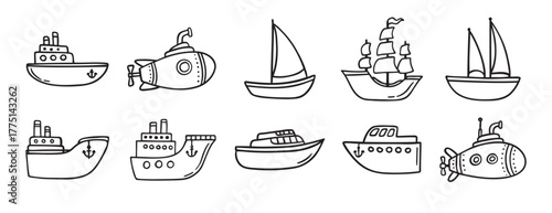 cute ship doodle hand drawn icon set. Outline drawing ships line clipart symbol collection