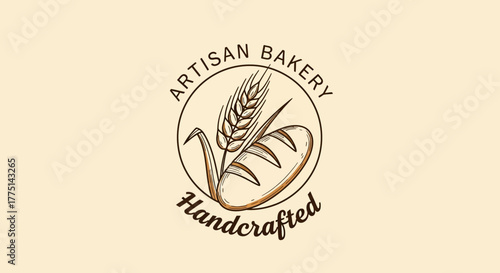 Handcrafted-inspired vector logo with wheat ear and bread loaf icons in monoline style