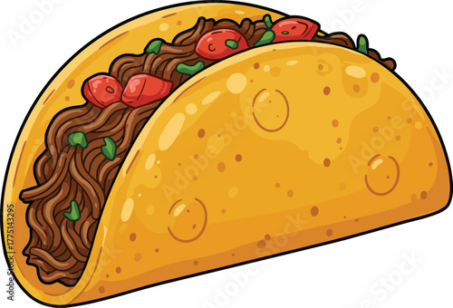 Cartoon taco illustration, Mexican food vector, crunchy tortilla shell, beef filling, tomato, herbs, colorful design, cad drawing flat vector illustration