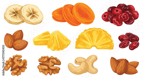 A colorful illustration showcasing various dried fruits and nuts, perfect for healthy snacking and culinary use, arranged on a white background.
