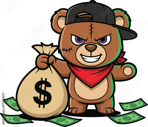 Cartoon tough bear mascot holding money bag, gangster style animal character, rebellious outlaw illustration, scarred face, street art vector design