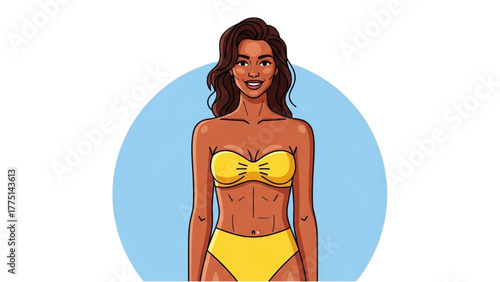 Cheerful young woman in a bright yellow bikini, exuding confidence and summer joy against a vibrant blue background, perfect for a sunny vacation concept illustration