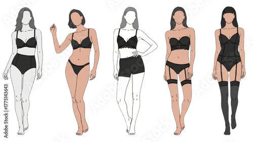 Vector illustration concept of a diverse group of women wearing black lingerie sets