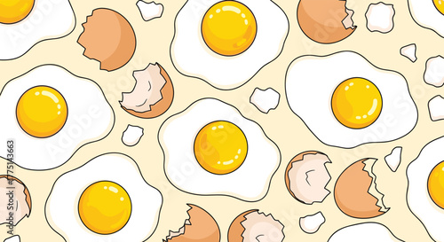 Cartoon-style fried eggs with whole yolks and cracked eggshells form a cheerful, food-related pattern on a light background.