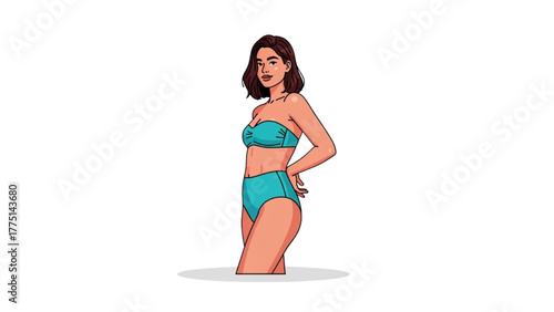 Woman in a turquoise bikini posing confidently on a white background