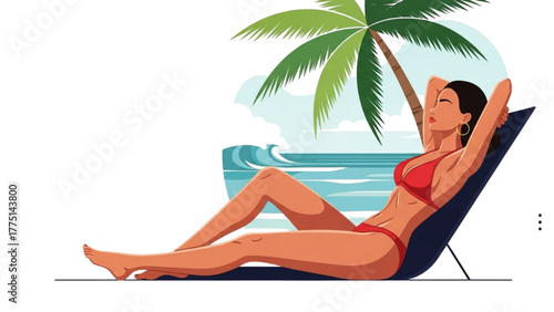 Woman Sunbathing on Beach Under Palm Tree Illustration