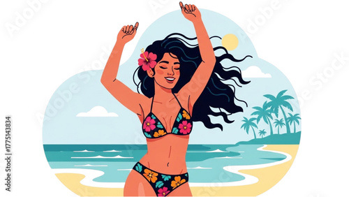 Vibrant illustration of a happy woman dancing on a sunny beach, enjoying her tropical getaway with pure joy
