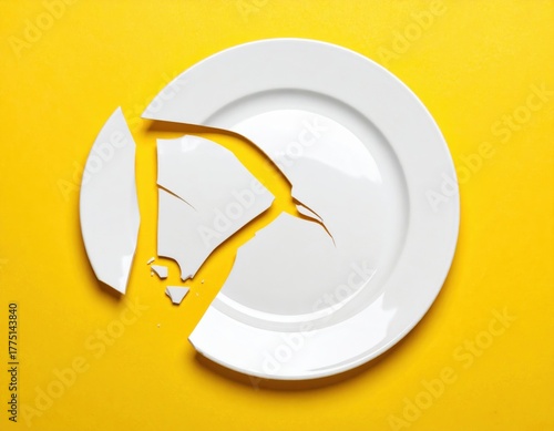Broken white plate shattered on vibrant yellow background symbolizing accident or frustration