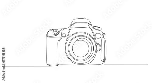 One line continuous drawing of a professional DSLR camera on a white background