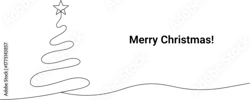 One continuous line drawing of a Christmas tree with a star, a minimalist festive vector concept for a holiday greeting card design