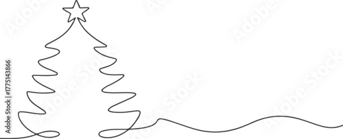 Elegant one line drawing of a Christmas tree with a star, a continuous minimalist design perfect for holiday greetings and decorations. 4